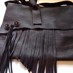 Fringed Black Leather Brass Accented Handbag