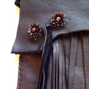 Fringed Black Leather Brass Accented Handbag